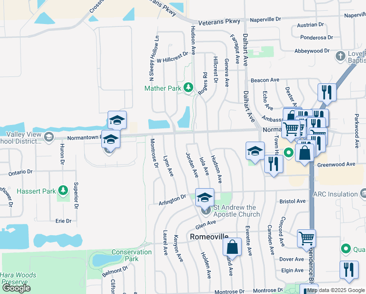 map of restaurants, bars, coffee shops, grocery stores, and more near 636 Jordan Avenue in Romeoville