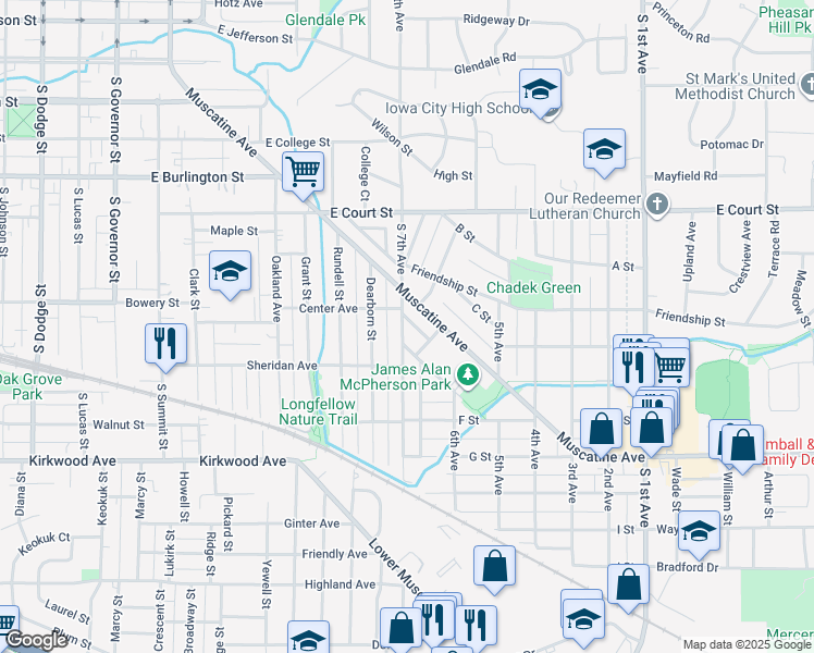 map of restaurants, bars, coffee shops, grocery stores, and more near 714 South 7th Avenue in Iowa City