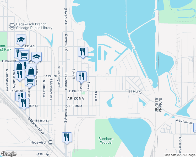 map of restaurants, bars, coffee shops, grocery stores, and more near 13307 South Avenue K in Chicago