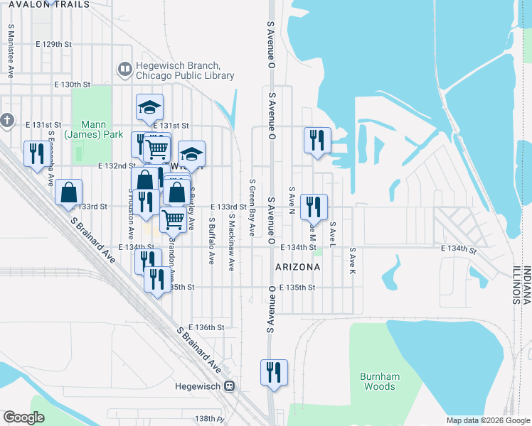 map of restaurants, bars, coffee shops, grocery stores, and more near 13300 South Avenue O in Chicago
