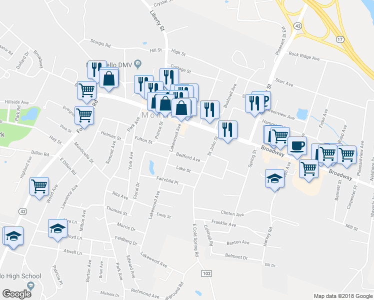map of restaurants, bars, coffee shops, grocery stores, and more near 28 Bedford Avenue in Monticello