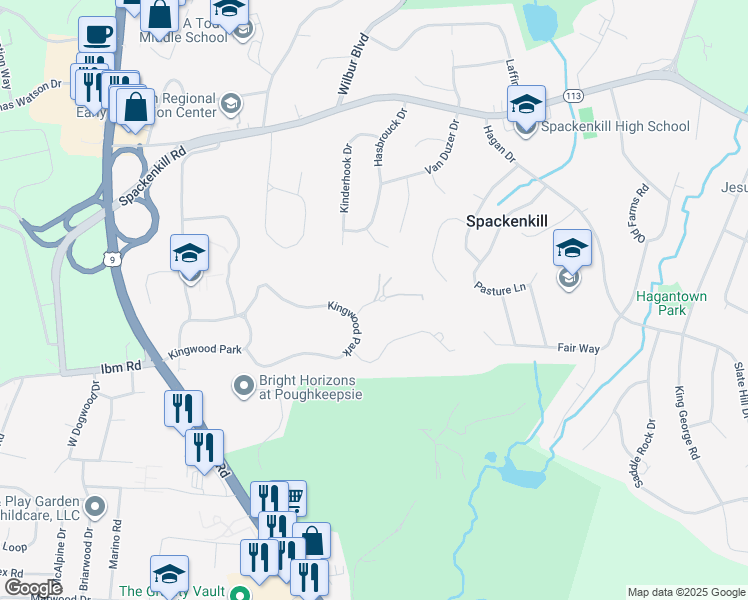 map of restaurants, bars, coffee shops, grocery stores, and more near 15 Kingwood Lane in Poughkeepsie