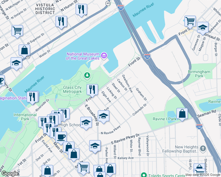 map of restaurants, bars, coffee shops, grocery stores, and more near 117 Licking Street in Toledo