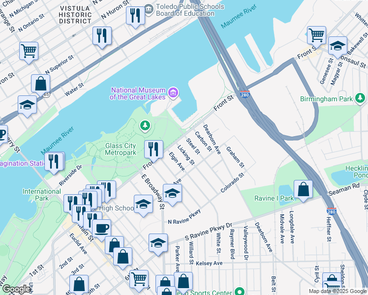 map of restaurants, bars, coffee shops, grocery stores, and more near 117 Licking Street in Toledo