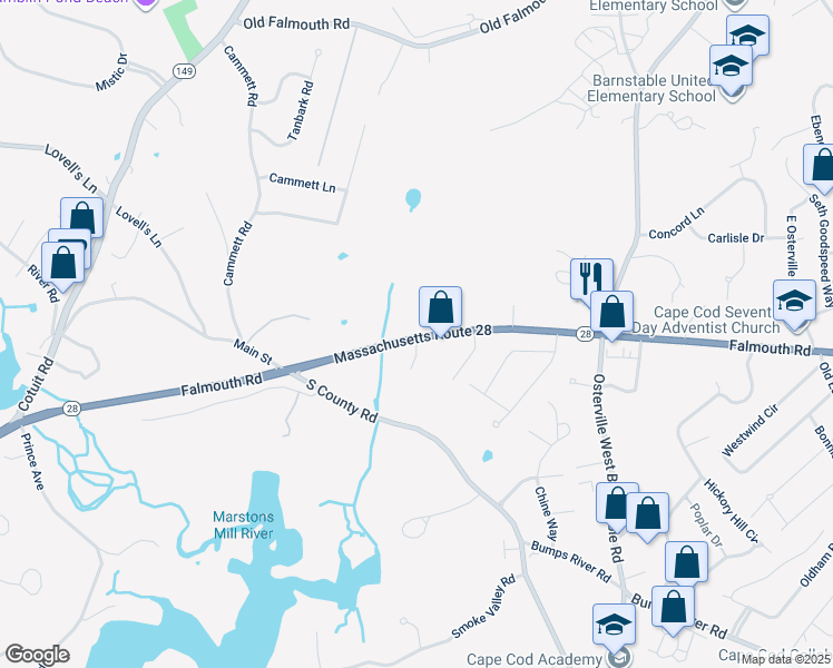 map of restaurants, bars, coffee shops, grocery stores, and more near 11 Hidden Valley Road in Barnstable
