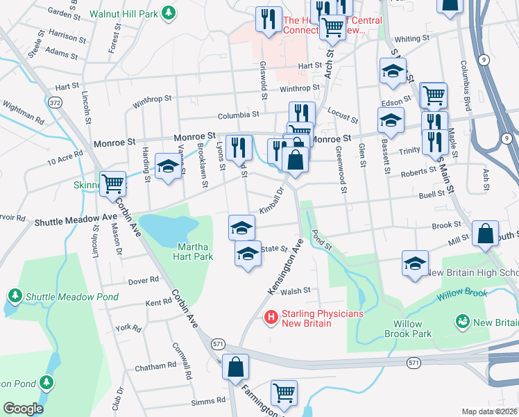 map of restaurants, bars, coffee shops, grocery stores, and more near 69 Kimball Drive in New Britain
