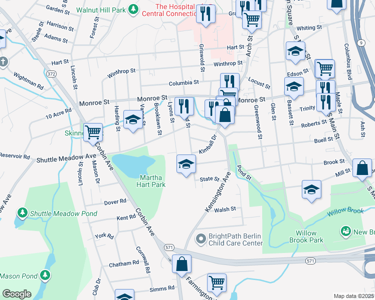 map of restaurants, bars, coffee shops, grocery stores, and more near 122 Lyons Street in New Britain