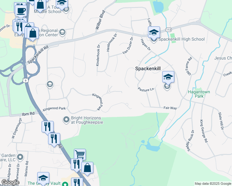 map of restaurants, bars, coffee shops, grocery stores, and more near 15 Kingwood Lane in Poughkeepsie
