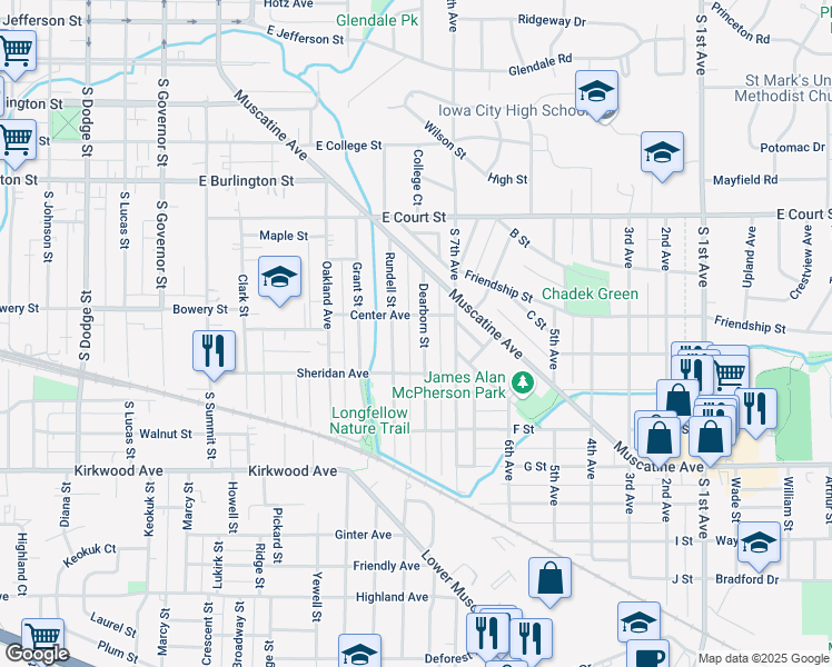 map of restaurants, bars, coffee shops, grocery stores, and more near 708 Rundell Street in Iowa City