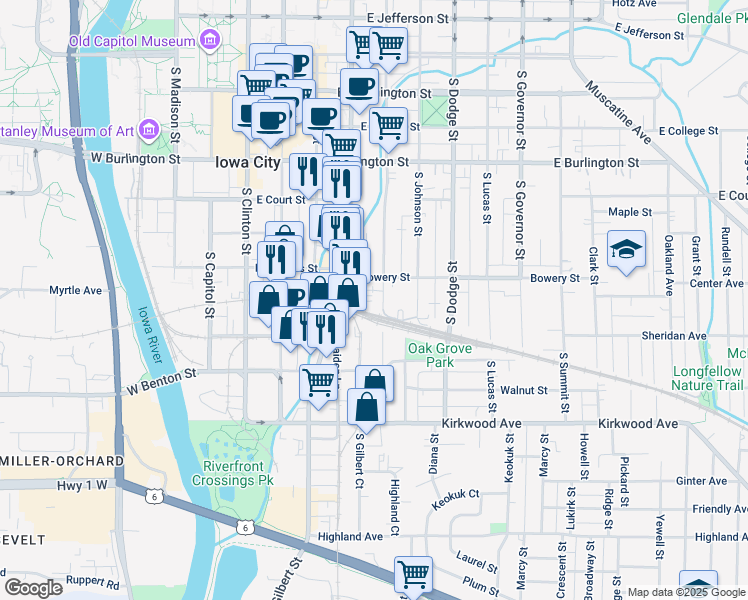 map of restaurants, bars, coffee shops, grocery stores, and more near 618 South Van Buren Street in Iowa City
