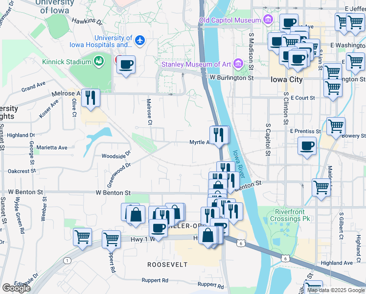 map of restaurants, bars, coffee shops, grocery stores, and more near 309 Myrtle Avenue in Iowa City