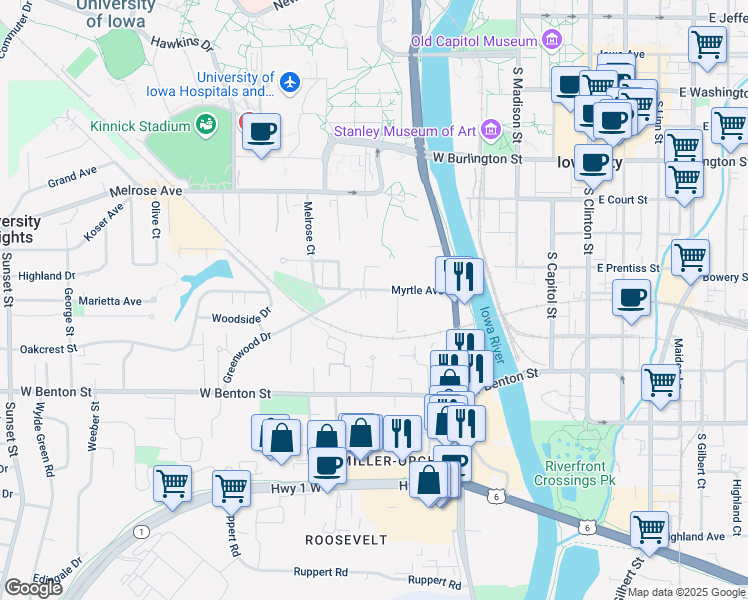 map of restaurants, bars, coffee shops, grocery stores, and more near 309 Myrtle Avenue in Iowa City
