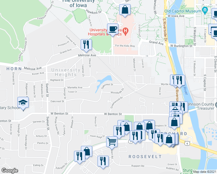 map of restaurants, bars, coffee shops, grocery stores, and more near in Iowa City