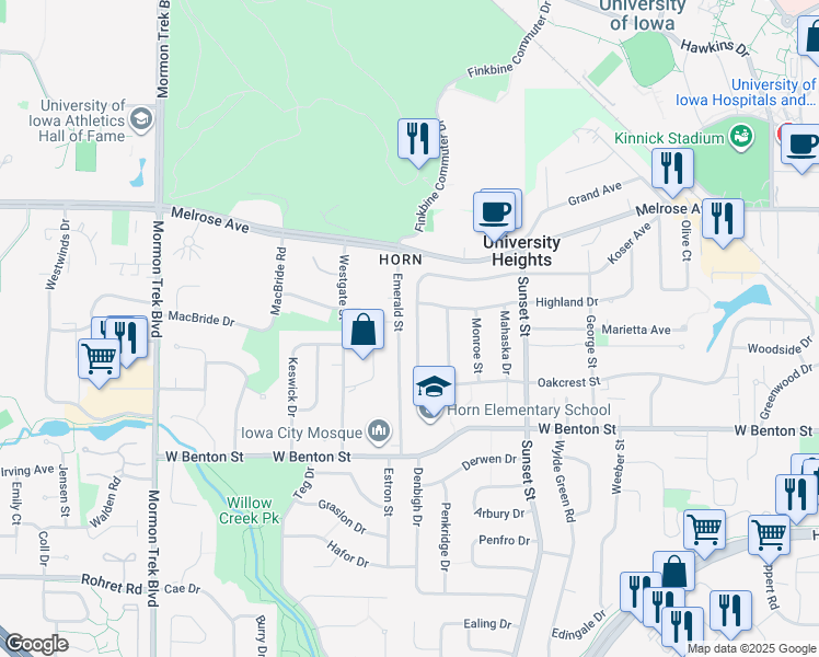 map of restaurants, bars, coffee shops, grocery stores, and more near 355 Koser Avenue in Iowa City