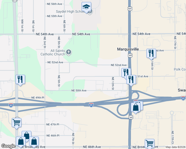 map of restaurants, bars, coffee shops, grocery stores, and more near 880 Northeast 51st Avenue in Des Moines