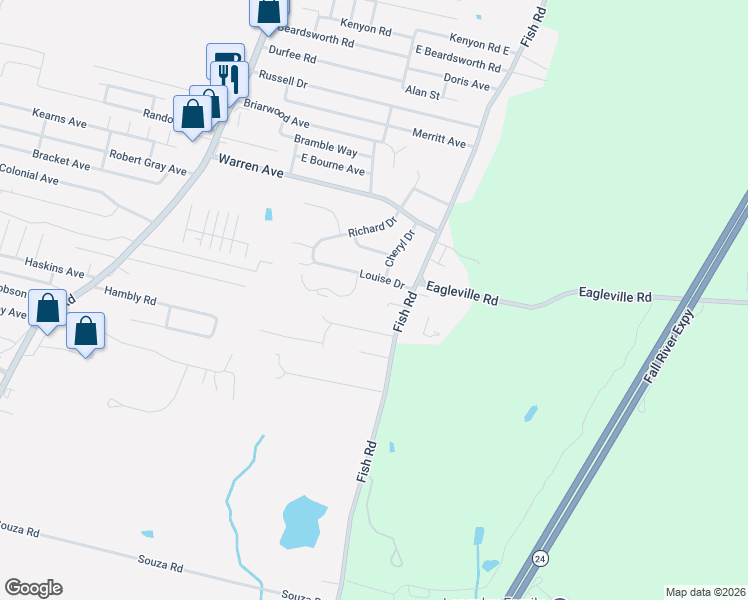map of restaurants, bars, coffee shops, grocery stores, and more near 21 Sterling Drive in Tiverton