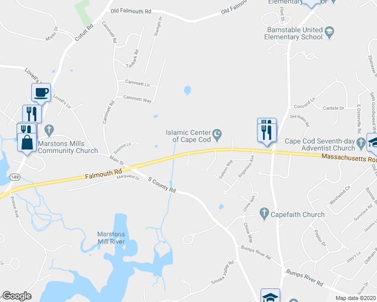 map of restaurants, bars, coffee shops, grocery stores, and more near 3040 Falmouth Road in Barnstable