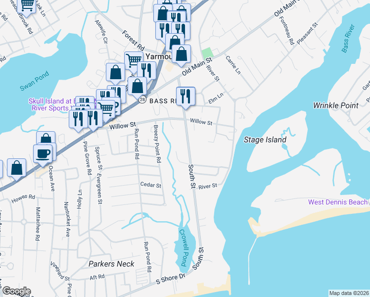 map of restaurants, bars, coffee shops, grocery stores, and more near 85 South Street in Yarmouth