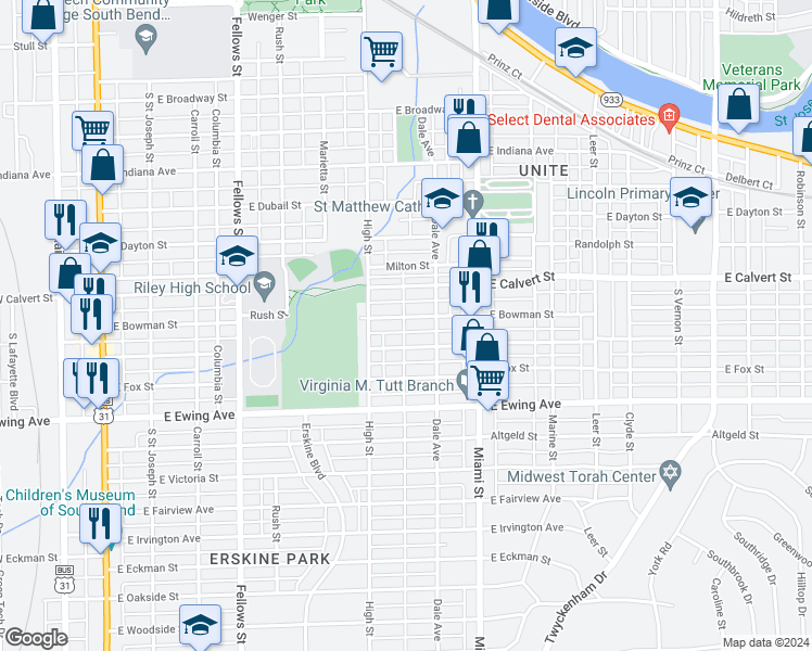 map of restaurants, bars, coffee shops, grocery stores, and more near 902 East Bowman Street in South Bend