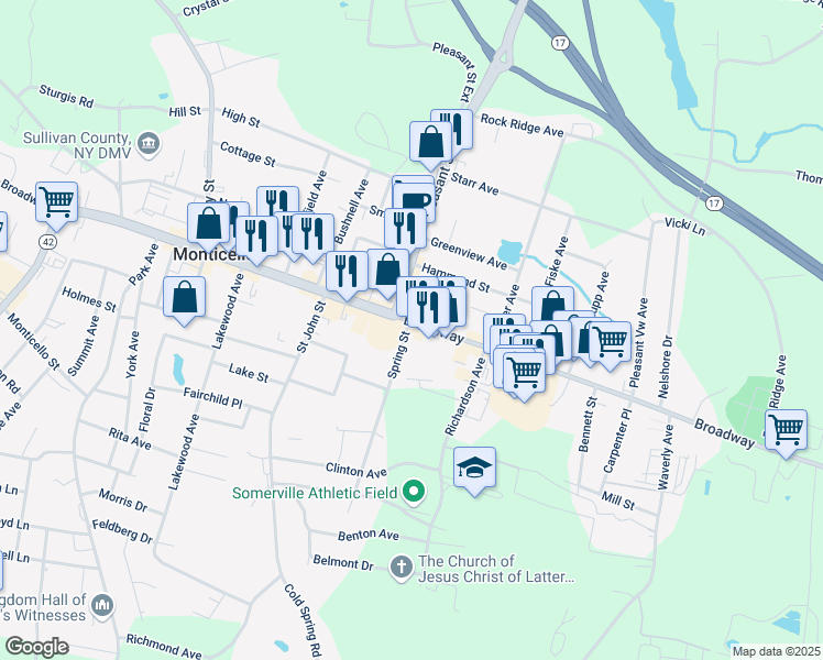 map of restaurants, bars, coffee shops, grocery stores, and more near 377 East Broadway in Monticello