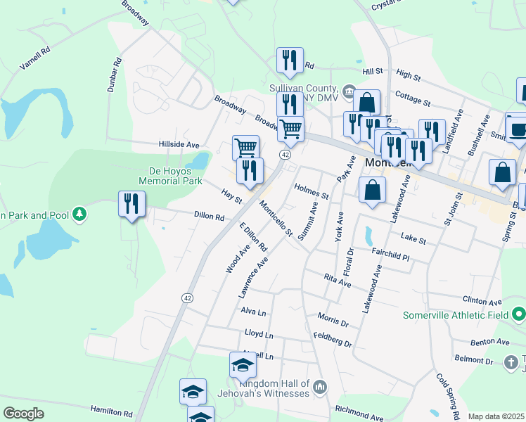 map of restaurants, bars, coffee shops, grocery stores, and more near 43 Monticello Street in Monticello