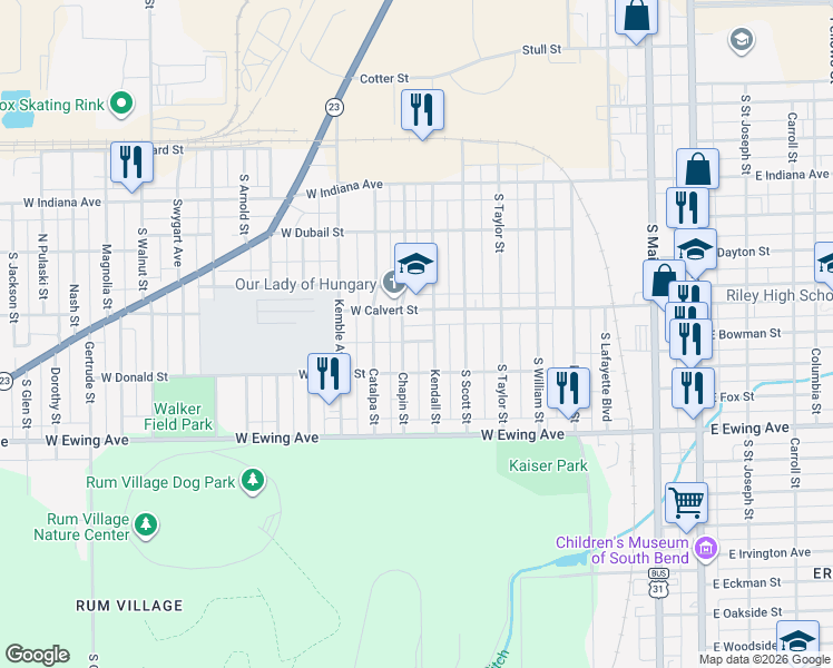 map of restaurants, bars, coffee shops, grocery stores, and more near 825 Sherrill Street in South Bend