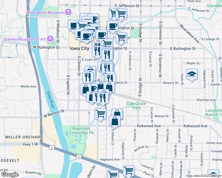 map of restaurants, bars, coffee shops, grocery stores, and more near 624 South Gilbert Street in Iowa City