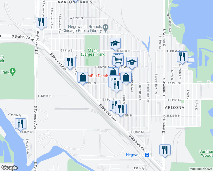 map of restaurants, bars, coffee shops, grocery stores, and more near 13304 South Houston Avenue in Chicago