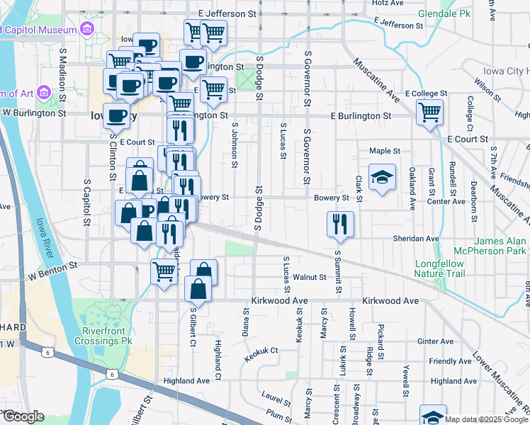map of restaurants, bars, coffee shops, grocery stores, and more near 626 South Dodge Street in Iowa City