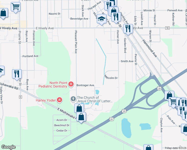 map of restaurants, bars, coffee shops, grocery stores, and more near 3143 Burr Oak Avenue in Elkhart