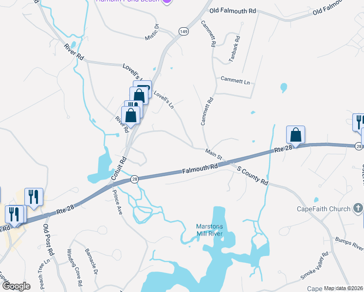 map of restaurants, bars, coffee shops, grocery stores, and more near 2045 Main Street in Barnstable