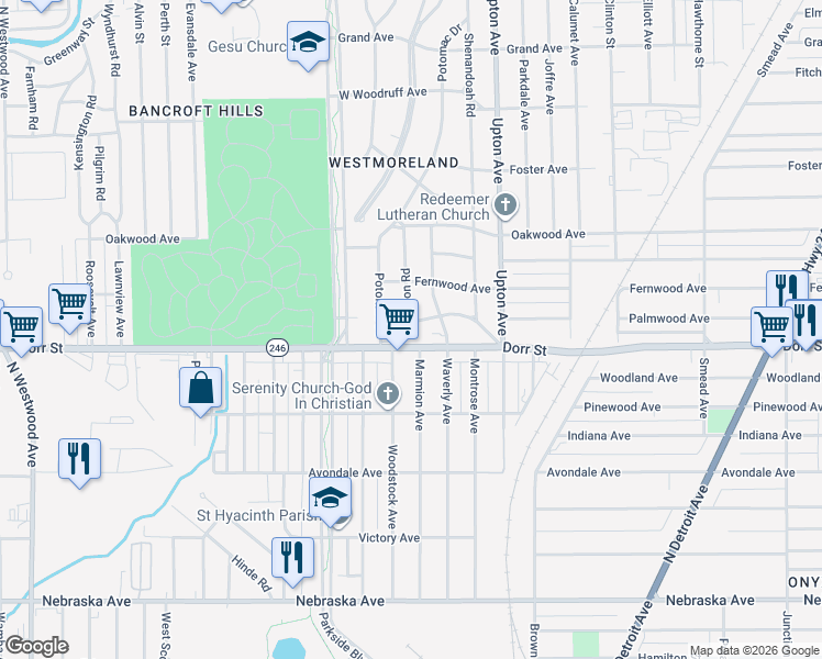 map of restaurants, bars, coffee shops, grocery stores, and more near in Toledo