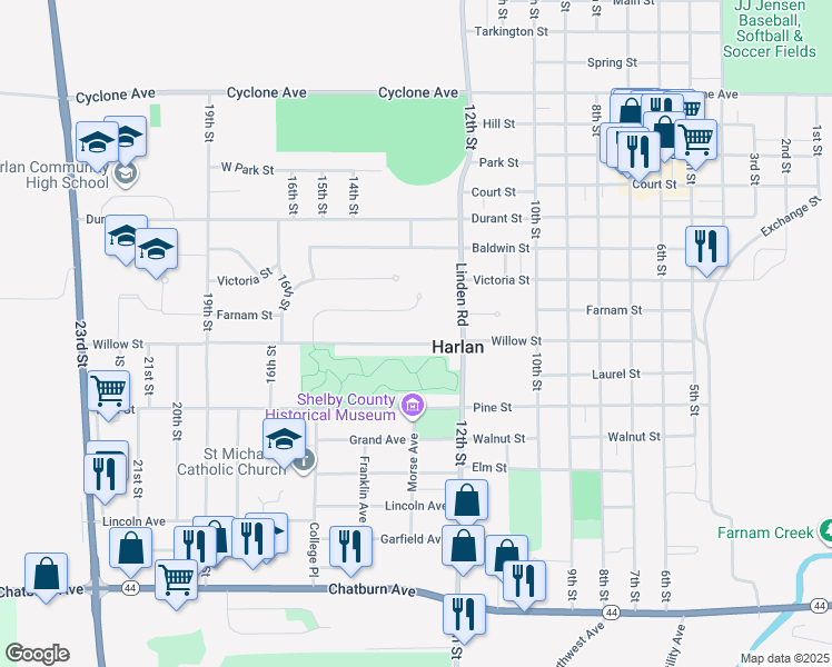 map of restaurants, bars, coffee shops, grocery stores, and more near 1216 Willow Street in Harlan