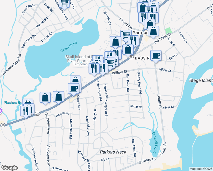 map of restaurants, bars, coffee shops, grocery stores, and more near 2 Spruce Street in Yarmouth