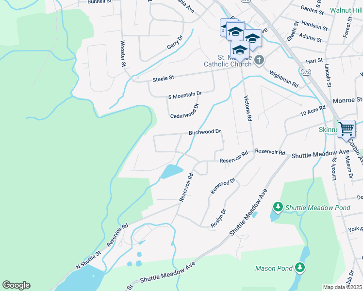map of restaurants, bars, coffee shops, grocery stores, and more near 25 Streamside Lane in New Britain