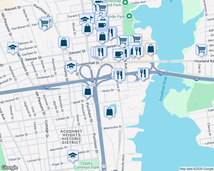 map of restaurants, bars, coffee shops, grocery stores, and more near 48 Washburn Street in New Bedford