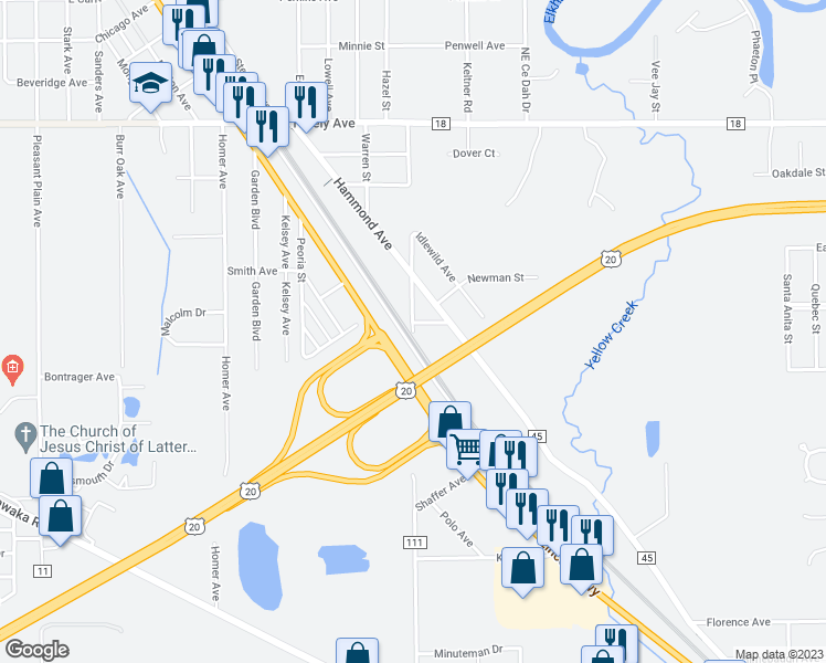 map of restaurants, bars, coffee shops, grocery stores, and more near 46517 Clayton Avenue in Elkhart