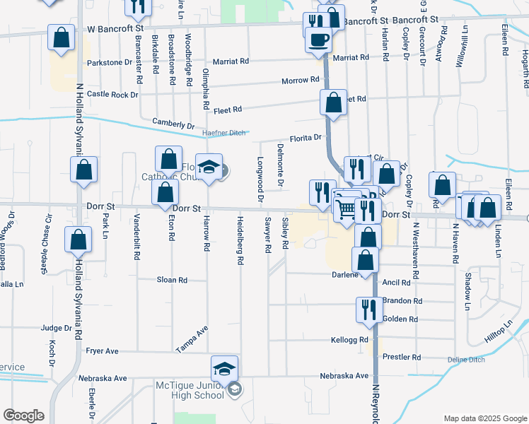 map of restaurants, bars, coffee shops, grocery stores, and more near 5505 Dorr Street in Toledo