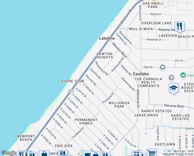 map of restaurants, bars, coffee shops, grocery stores, and more near 438 Quentin Road in Eastlake