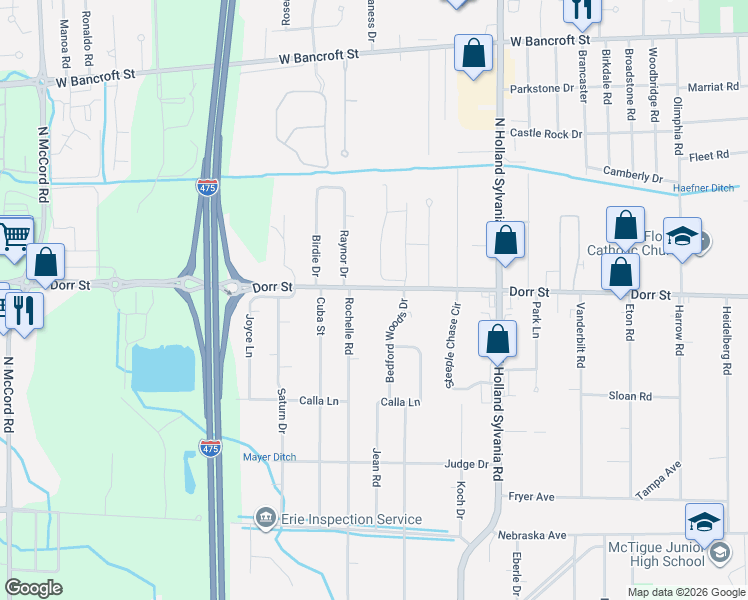 map of restaurants, bars, coffee shops, grocery stores, and more near 6139 Dorr Street in Toledo