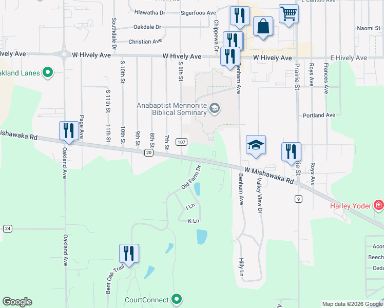 map of restaurants, bars, coffee shops, grocery stores, and more near 530 West Mishawaka Road in Elkhart