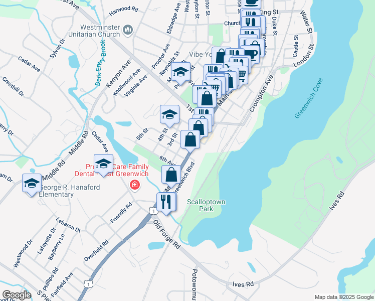 map of restaurants, bars, coffee shops, grocery stores, and more near 845 Main Street in East Greenwich