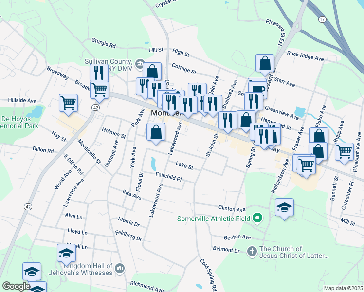 map of restaurants, bars, coffee shops, grocery stores, and more near 27 Lakewood Avenue in Monticello