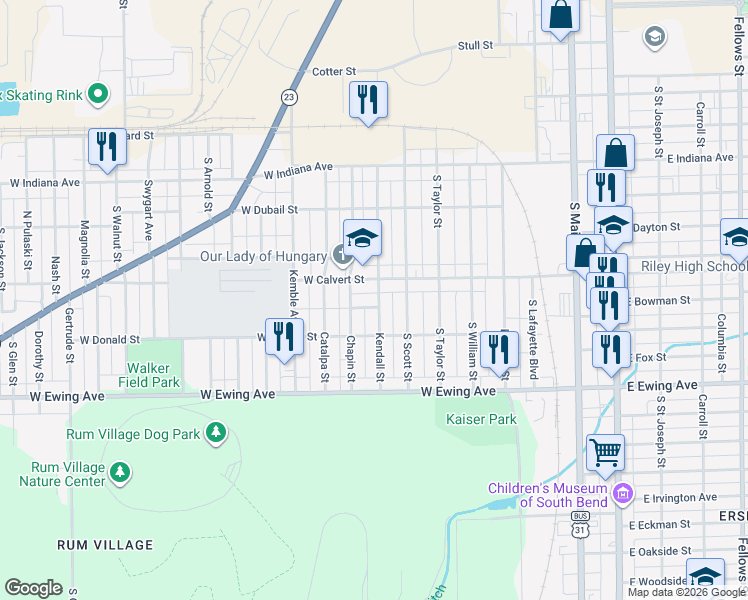 map of restaurants, bars, coffee shops, grocery stores, and more near 825 Sherrill Street in South Bend