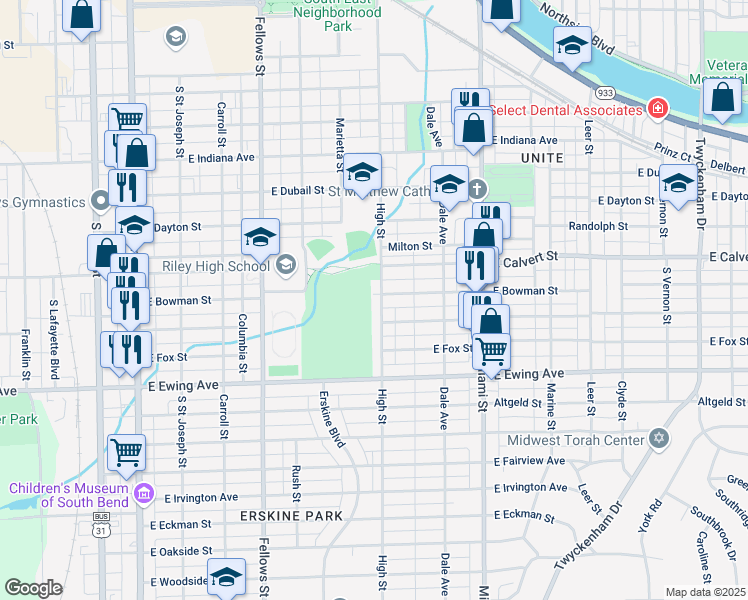 map of restaurants, bars, coffee shops, grocery stores, and more near 732 East Bowman Street in South Bend