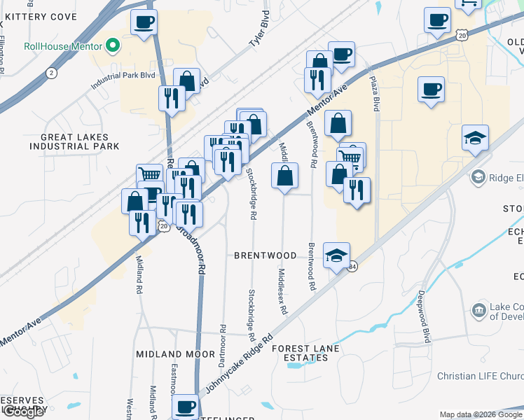 map of restaurants, bars, coffee shops, grocery stores, and more near 7983 Stockbridge Road in Mentor