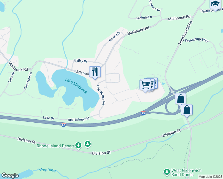 map of restaurants, bars, coffee shops, grocery stores, and more near 46 Mohawk Trail in West Greenwich