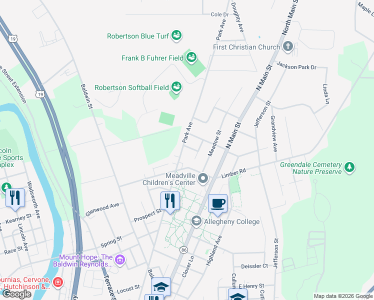 map of restaurants, bars, coffee shops, grocery stores, and more near 337 Park Avenue in Meadville