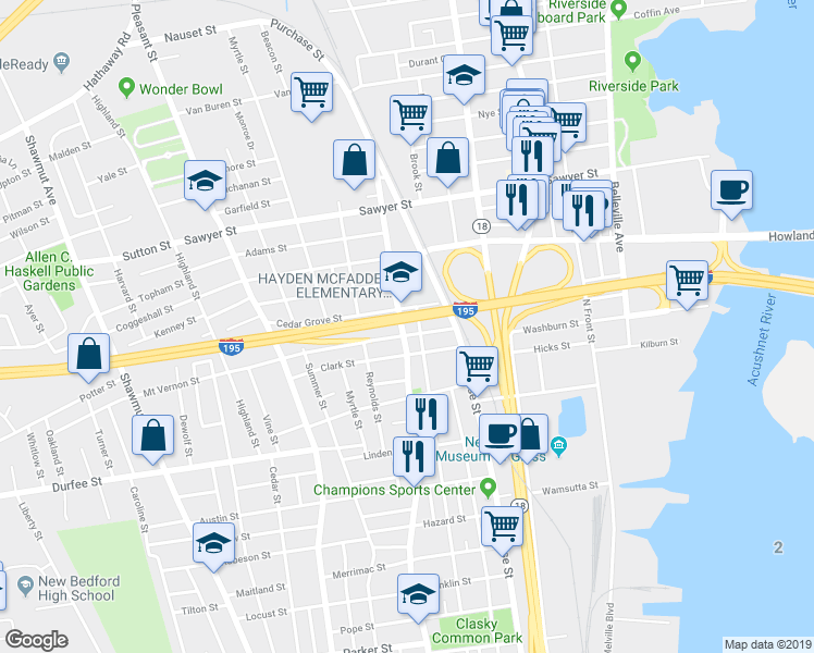 map of restaurants, bars, coffee shops, grocery stores, and more near 972 County St in New Bedford