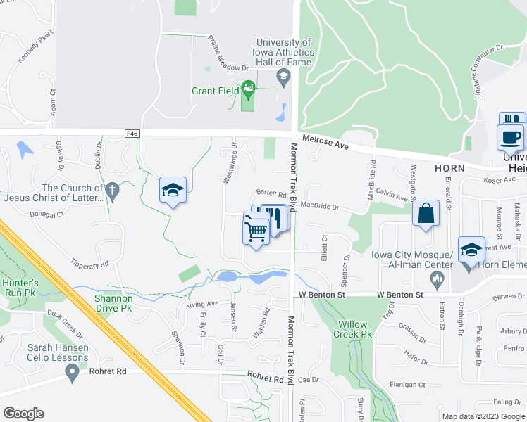 map of restaurants, bars, coffee shops, grocery stores, and more near Bartelt Road in Iowa City